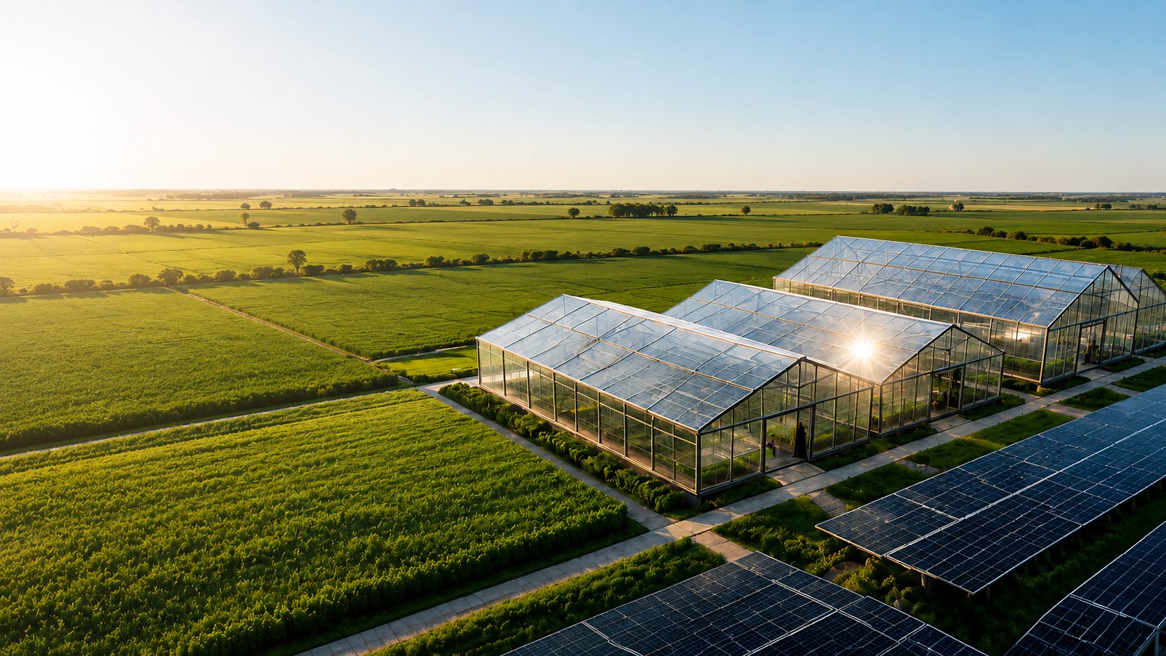 Invernaderos con paneles solares en el campo